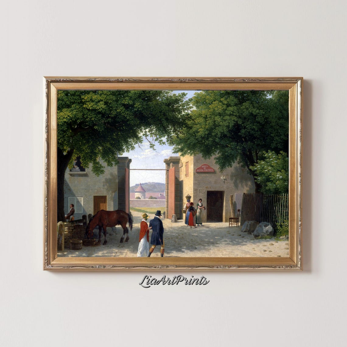 Rustic Village Courtyard with Inn Horse and Travelers Poster - Image 2