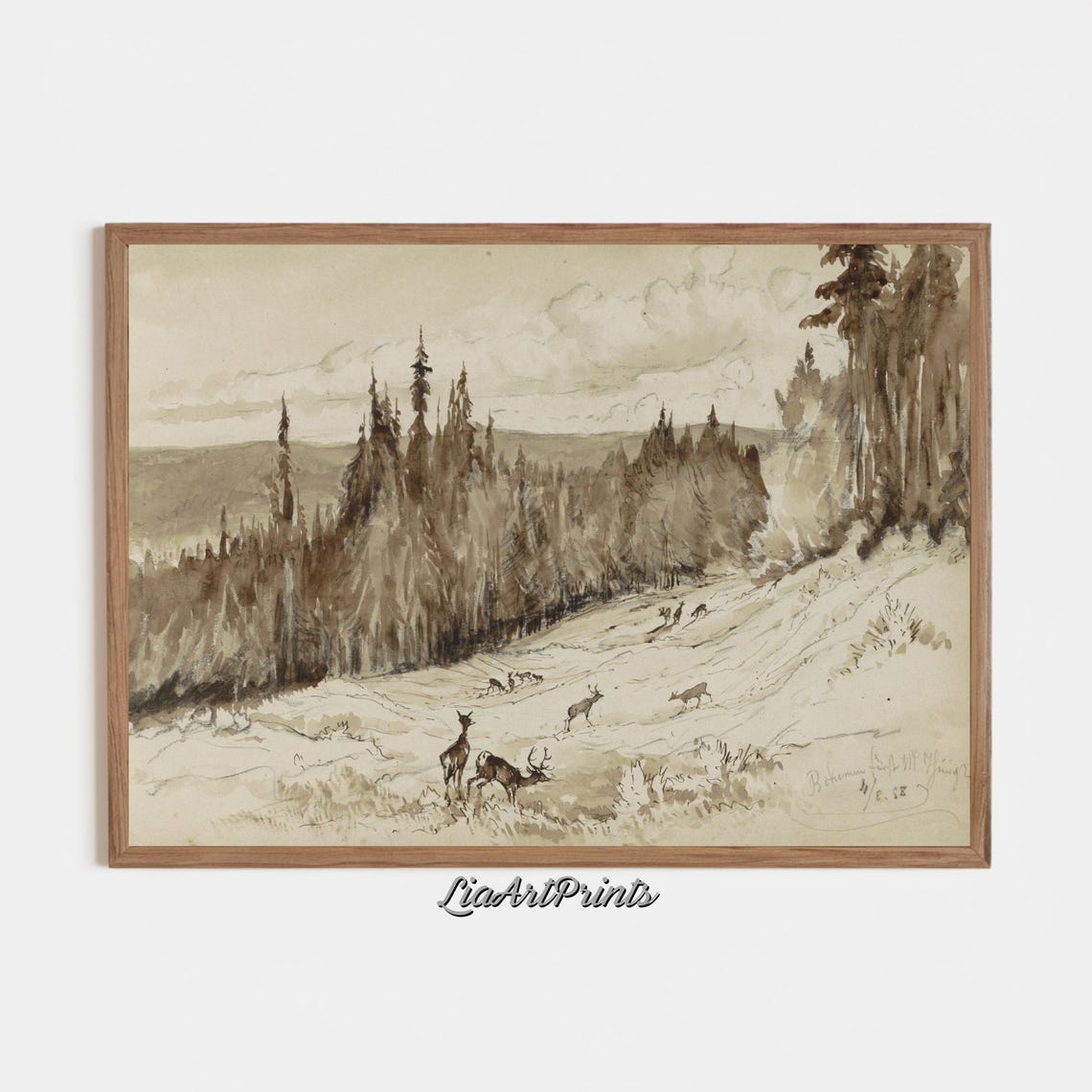 Rustic Forest Deer on Wooded Hillside Vintage Sepia Wildlife Poster - Image 3