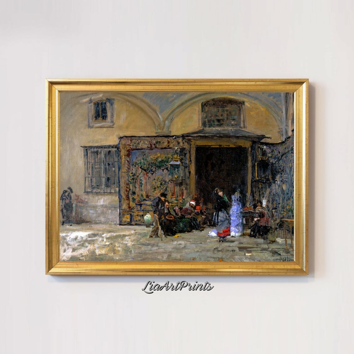 Vintage Courtyard Market Scene Arched Old Town Gathering Poster - Image 3