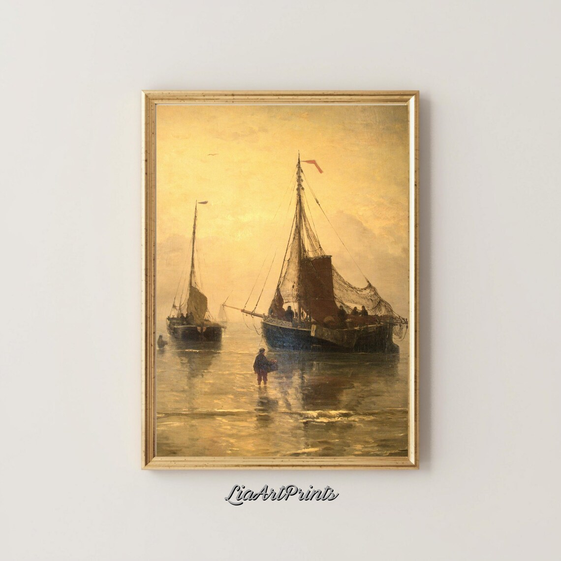 Golden Hour Fishing Boats At Anchor Misty Maritime Dutch Seascape Poster - Image 5
