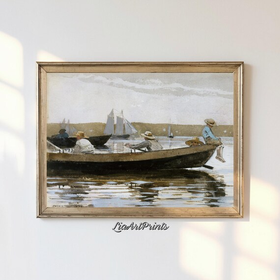Winslow Homer Boys Rowing Boat with Sailboats Vintage Watercolor Poster