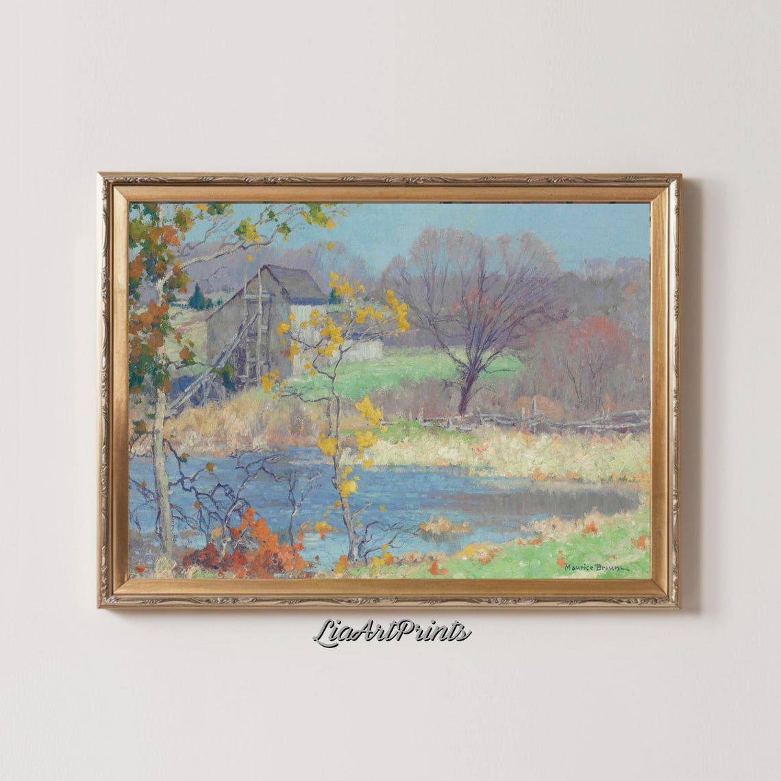 Peaceful Autumn Mill by a Still Pond Vintage Fall Countryside Print - Image 2
