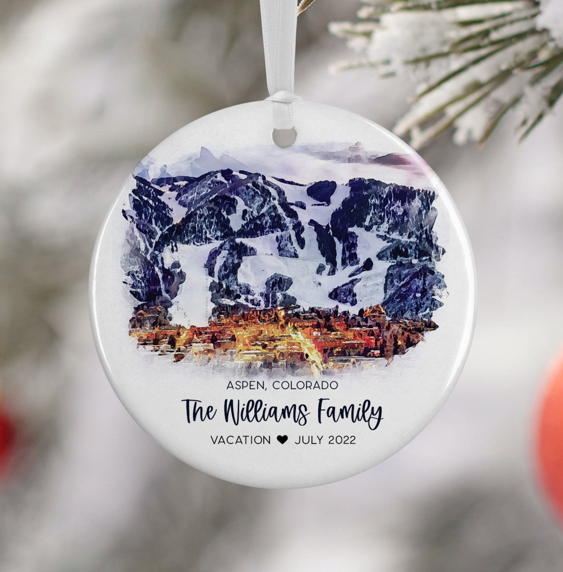 Aspen Colorado Snowy Mountains Personalized Vacation Ornament Print