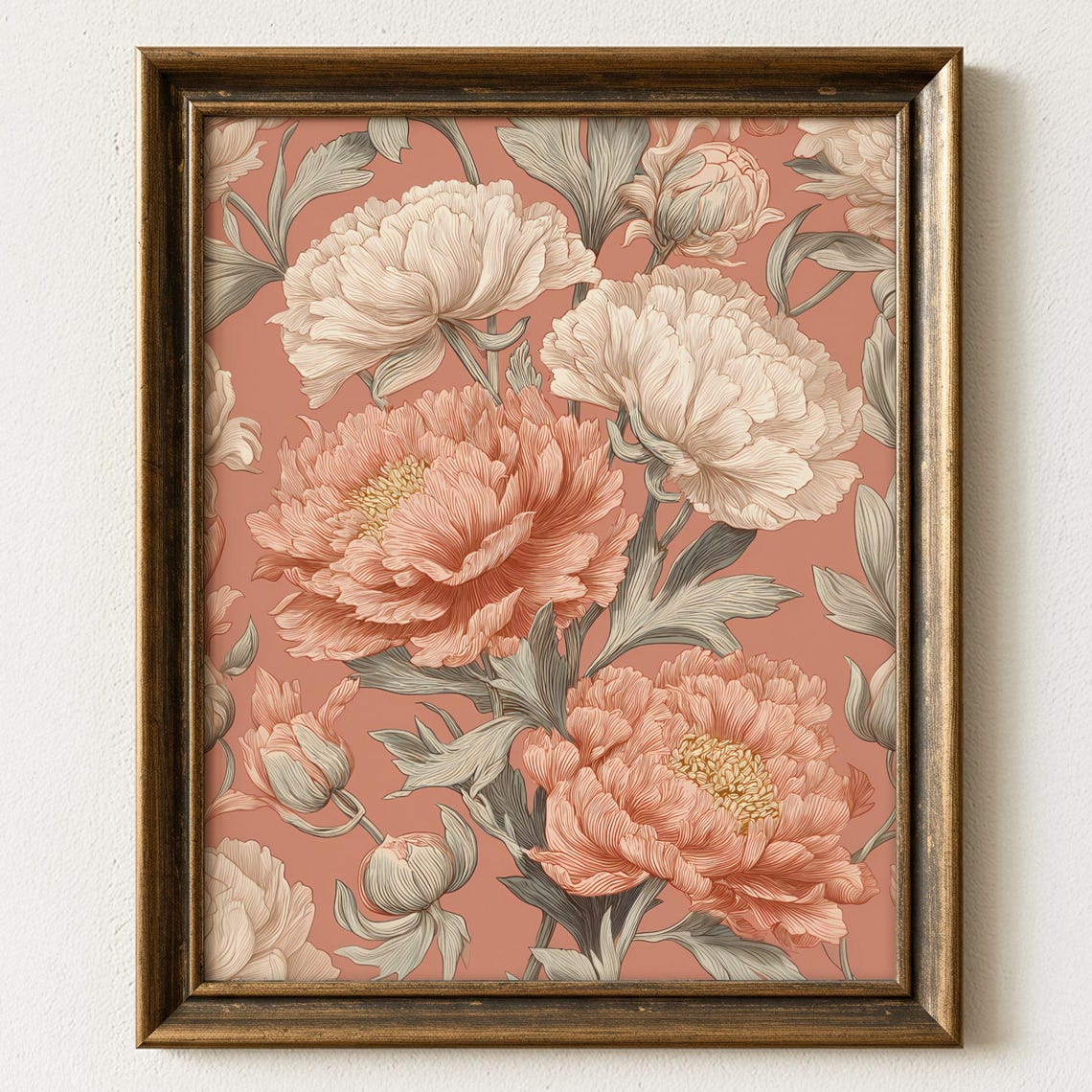 Pink Peony Floral Botanical Illustration Terracotta Vintage Poster