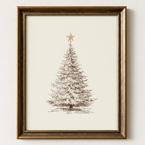 Vintage Sketch Christmas Tree With Gold Star Holiday Art Print
