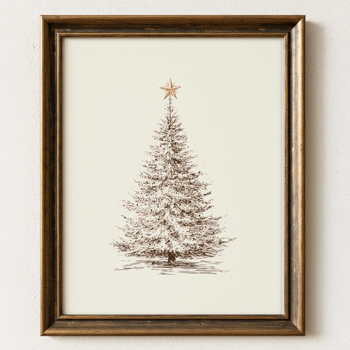 Vintage Sketch Christmas Tree With Gold Star Holiday Art Print