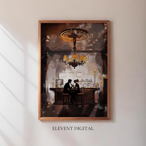 Romantic Couple Bar Scene Print Abstract Vintage Cafe Art