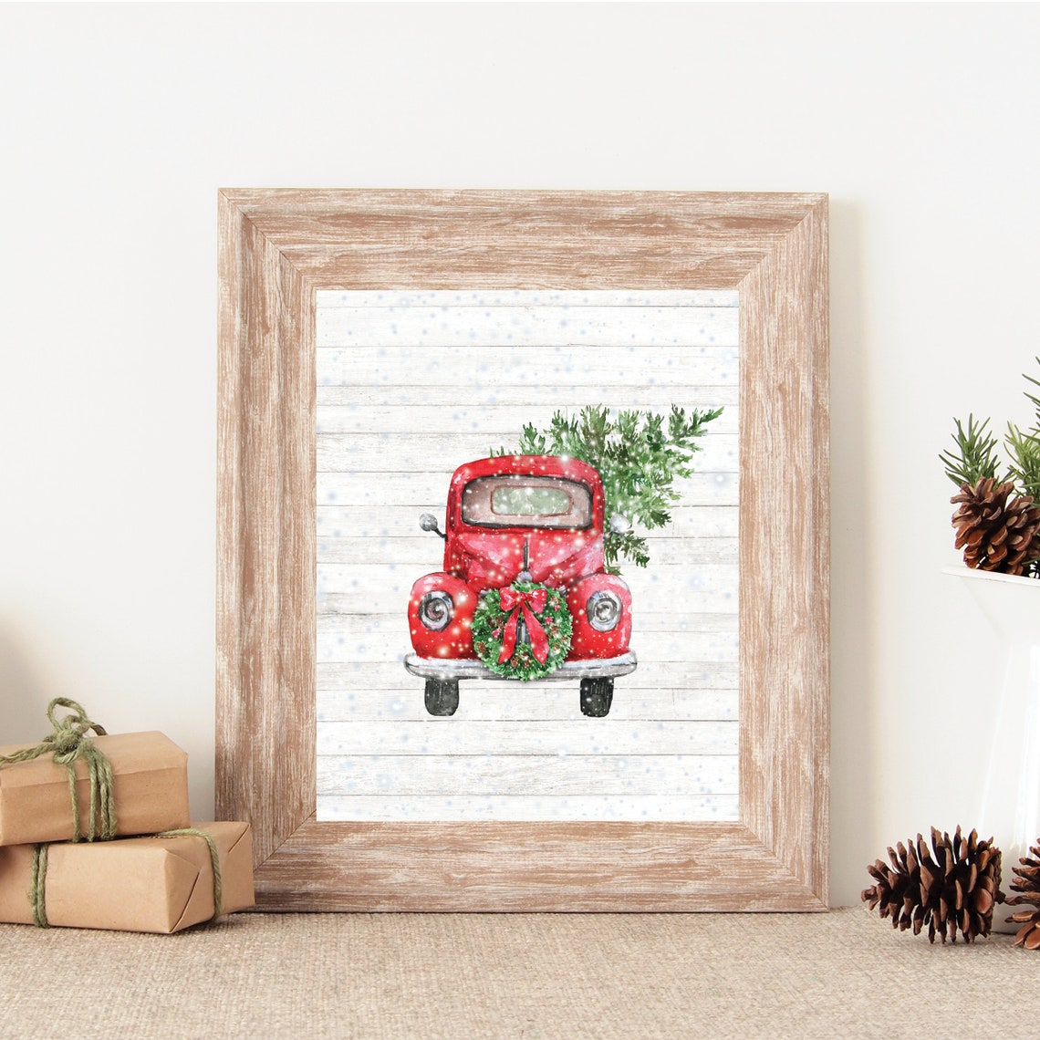 Vintage Red Truck Christmas Tree Wreath Farmhouse Christmas Print