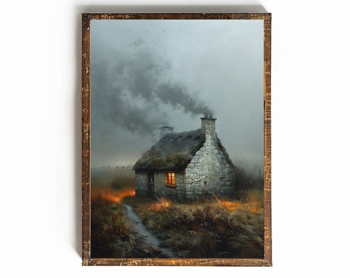 Misty Stone Cottage with Thatched Roof at Dusk Vintage Poster