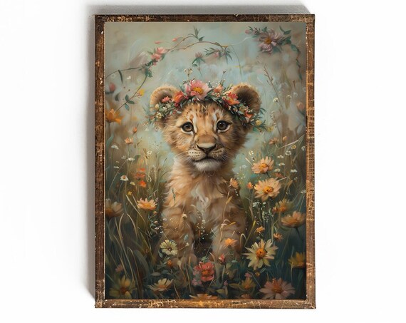 Lion Cub Wearing a Flower Crown Sitting in a Wildflower Meadow Poster