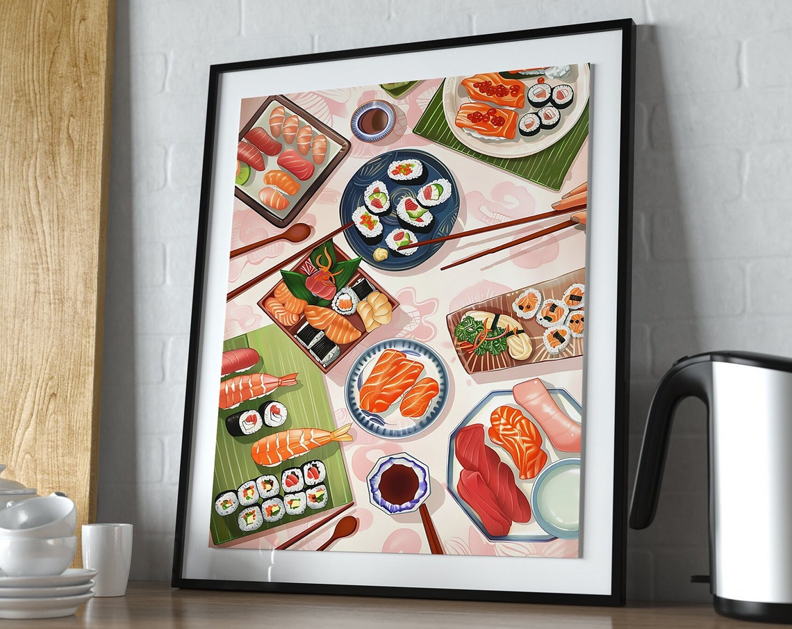 Colorful Sushi Platters Flat Lay Kitchen Illustration Poster - Image 3
