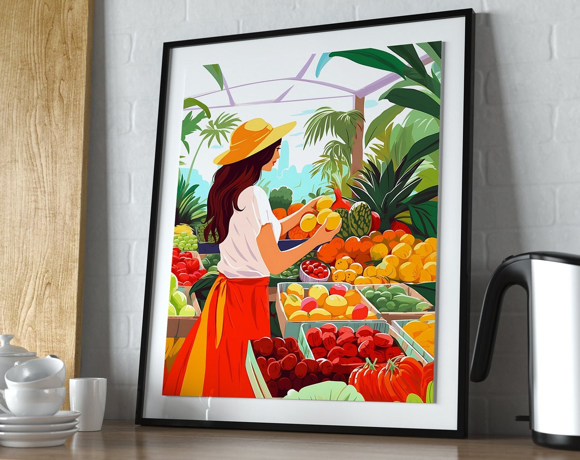 Tropical Fruit Market Vendor Yellow Hat Colorful Kitchen Wall Art - Image 2