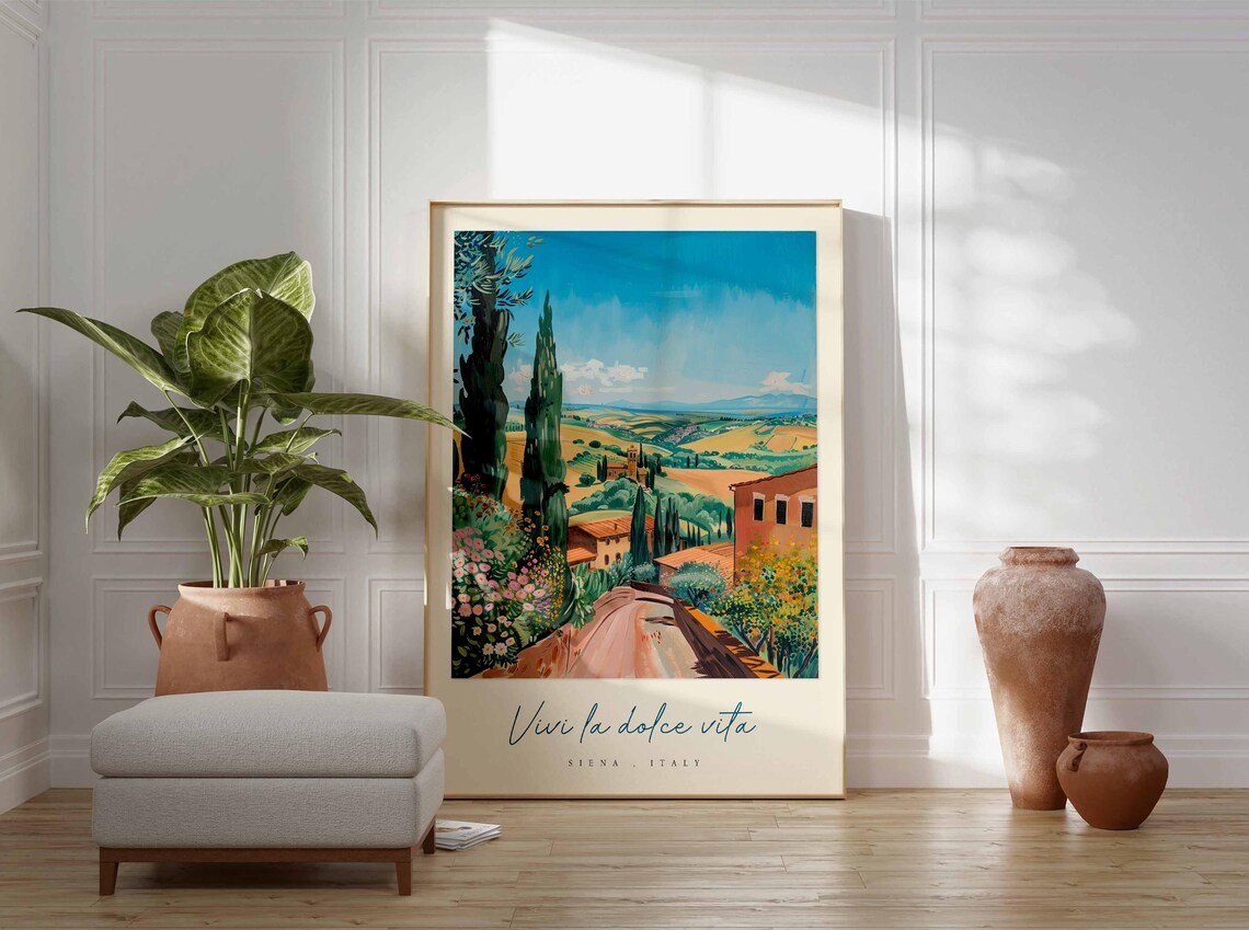 Siena Italy Cypress Lined Road Golden Fields Countryside Travel Poster - Image 3
