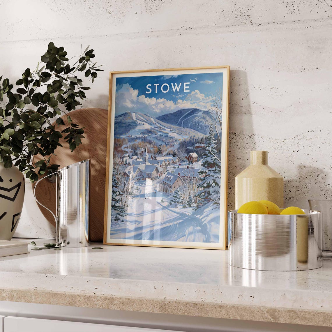 Stowe Winter Village Panorama Under Mountain Ski Trails Poster - Image 2