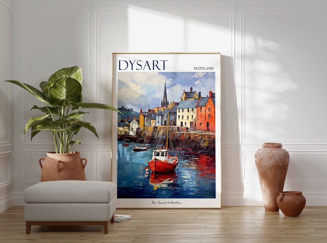Dysart Scotland Red Fishing Boat Harbor Stone Cottages Poster - Image 3