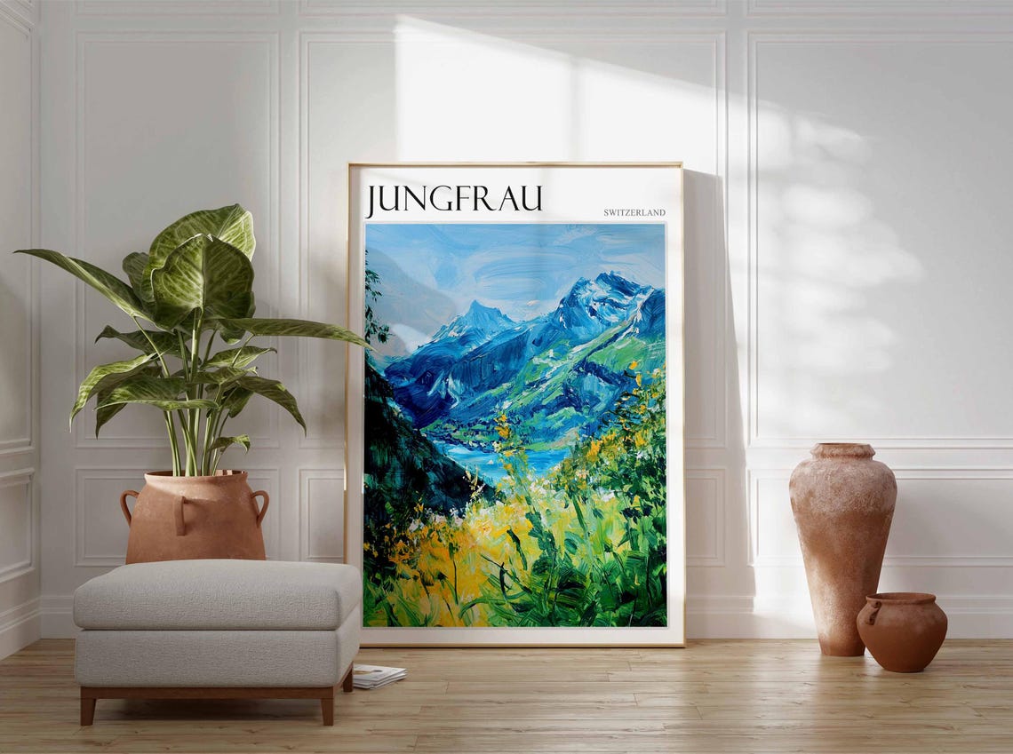 Jungfrau Switzerland Green Alpine Meadow Peaks Landscape Poster - Image 2