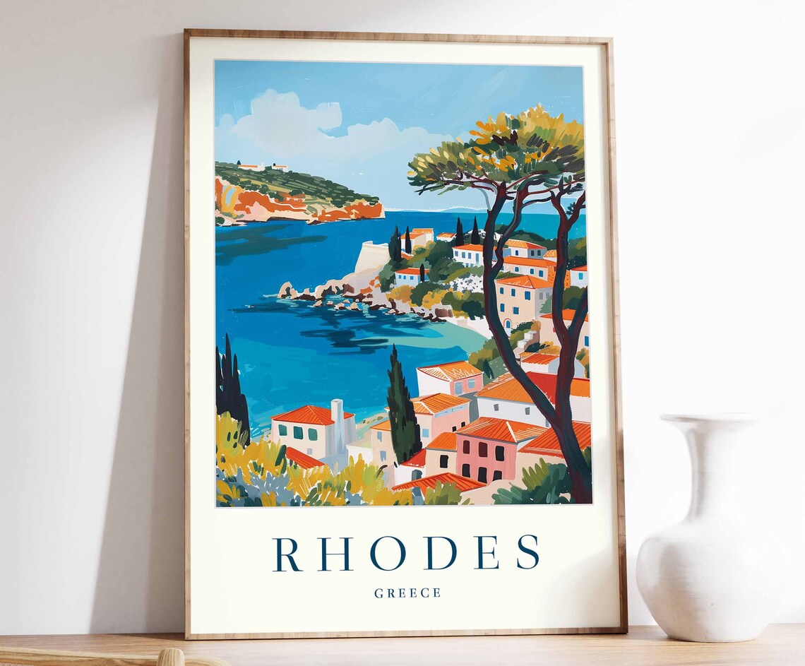 Rhodes Greece Coastal Village With Red Rooftops Travel Poster