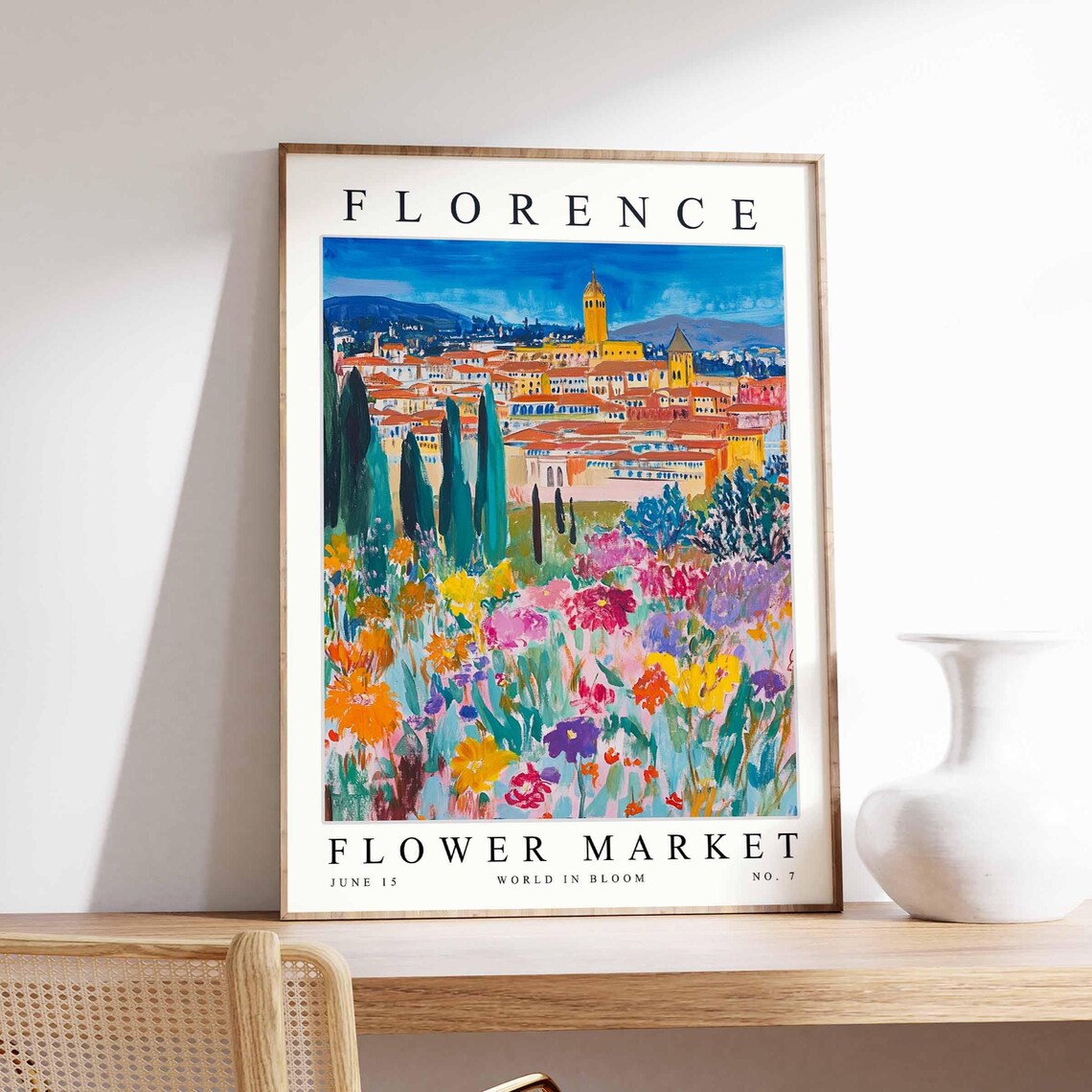Florence Flower Market Golden Tower Skyline Summer Blossom Poster