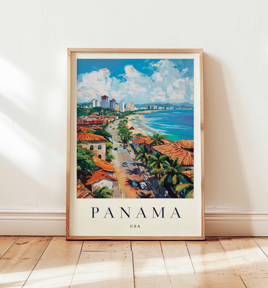 Panama USA Coastal City Aerial Red Roofs Beach Skyline Travel Poster