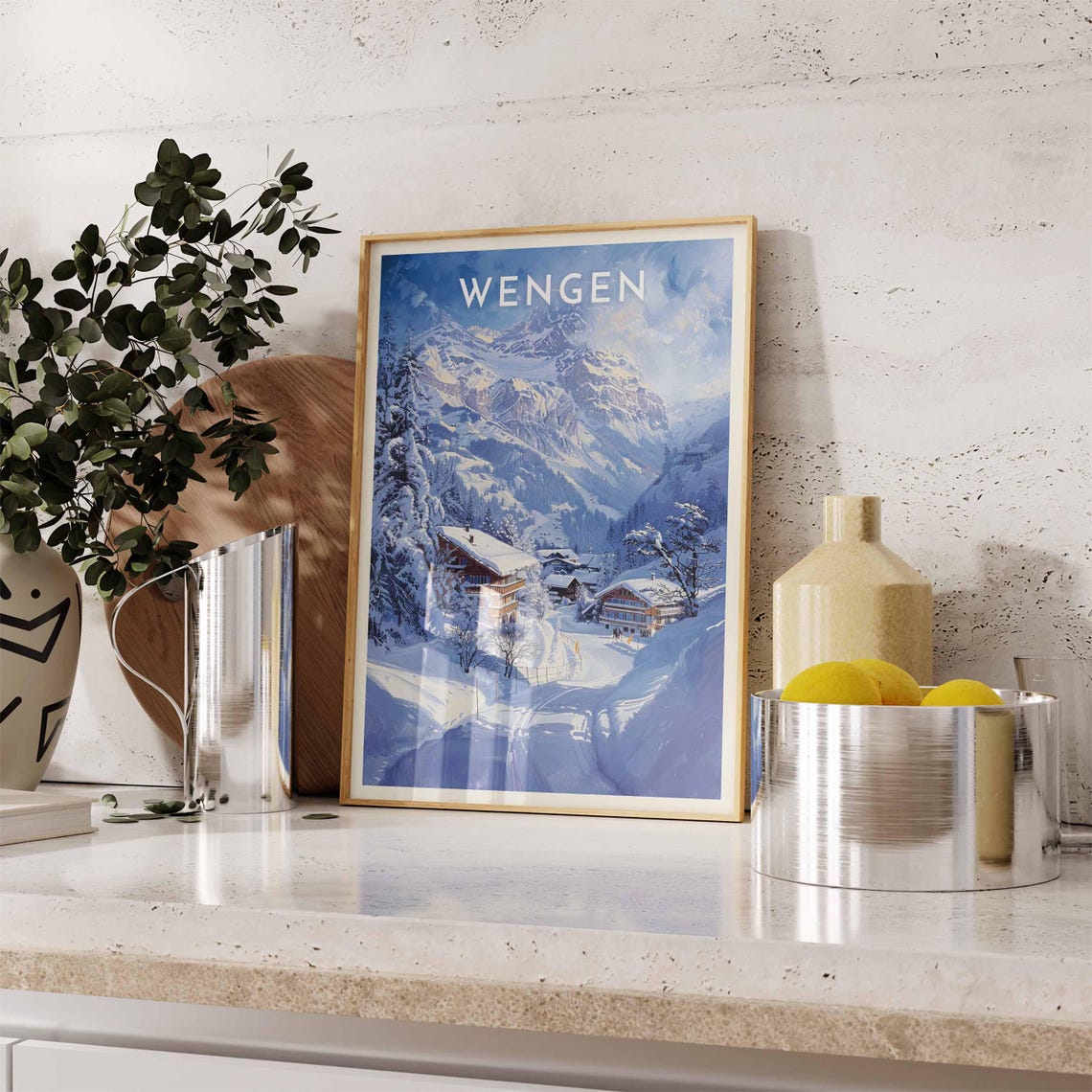 Wengen Switzerland Snowy Valley Chalets Alpine Winter Travel Poster - Image 2
