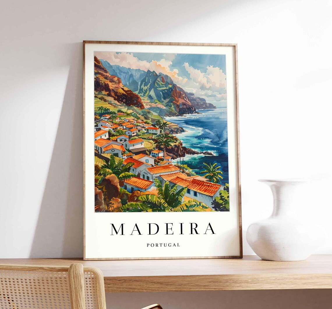 Madeira Portugal Coastal Village Mountain Ocean Scenic Art Poster