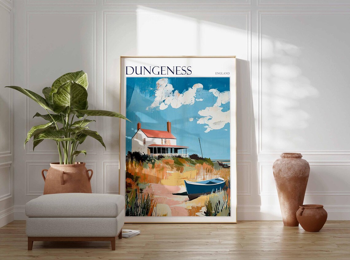 Dungeness England Coastal Cottage with Blue Boat on Dunes Poster - Image 3