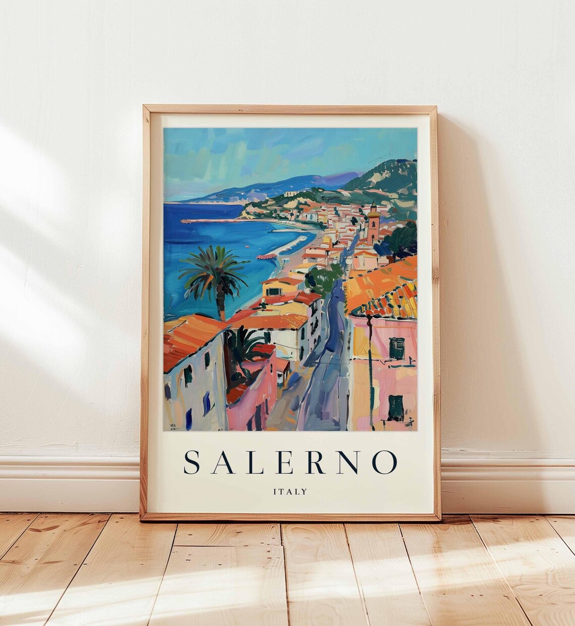 Salerno Amalfi Coast Town Bay View Vibrant Italy Travel Poster