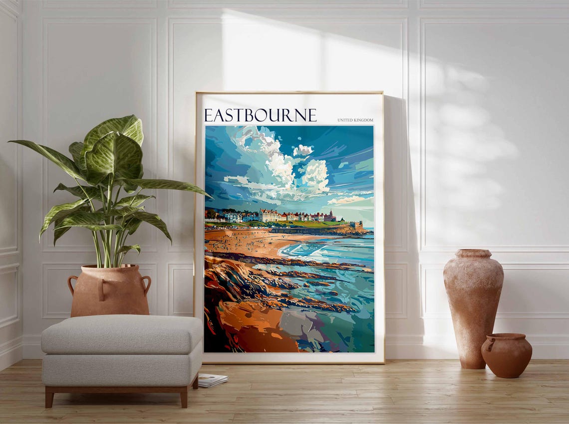 Eastbourne Rocky Cove Headland Town Dramatic Clouds Graphic Poster - Image 3