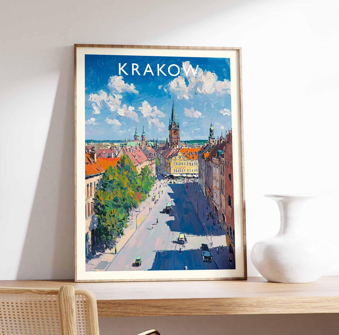 Krakow Poland Old Town Street Church Spires Painterly Cityscape Poster