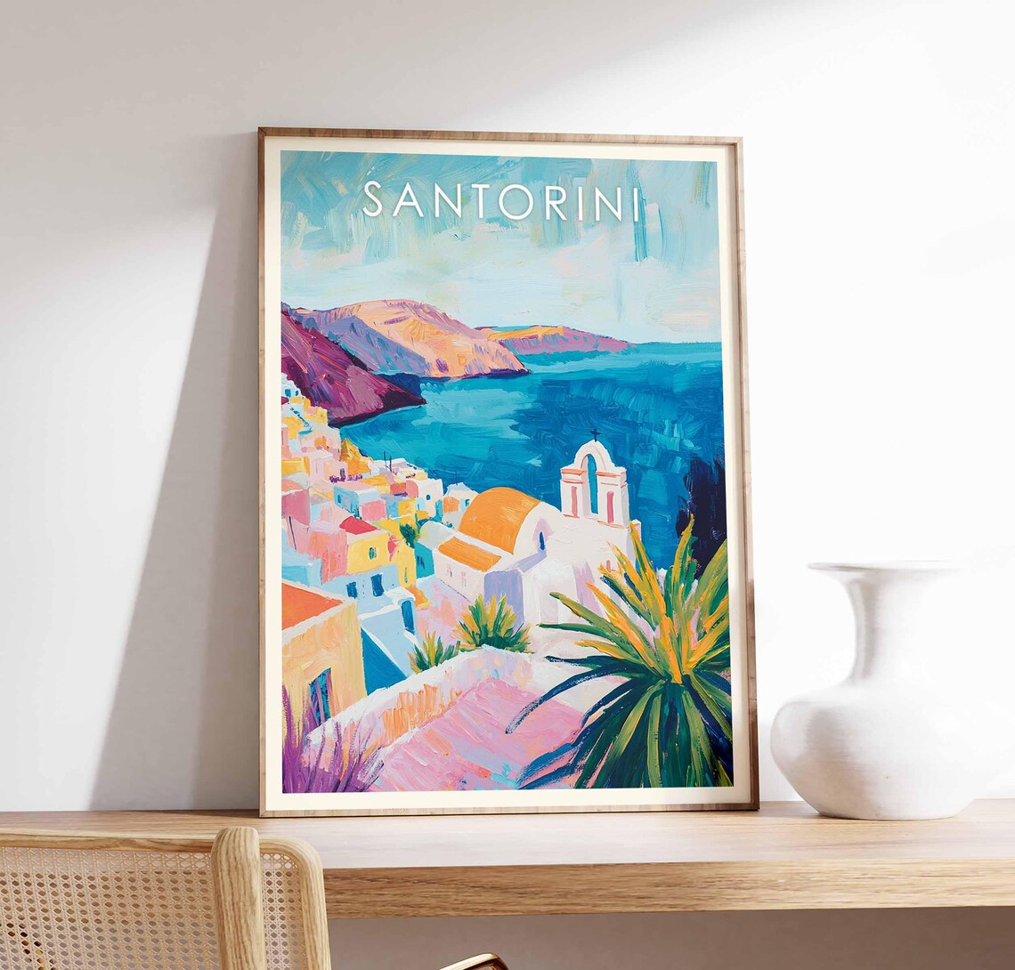 Santorini Greece Colorful Caldera Sea View Vibrant Painting Poster