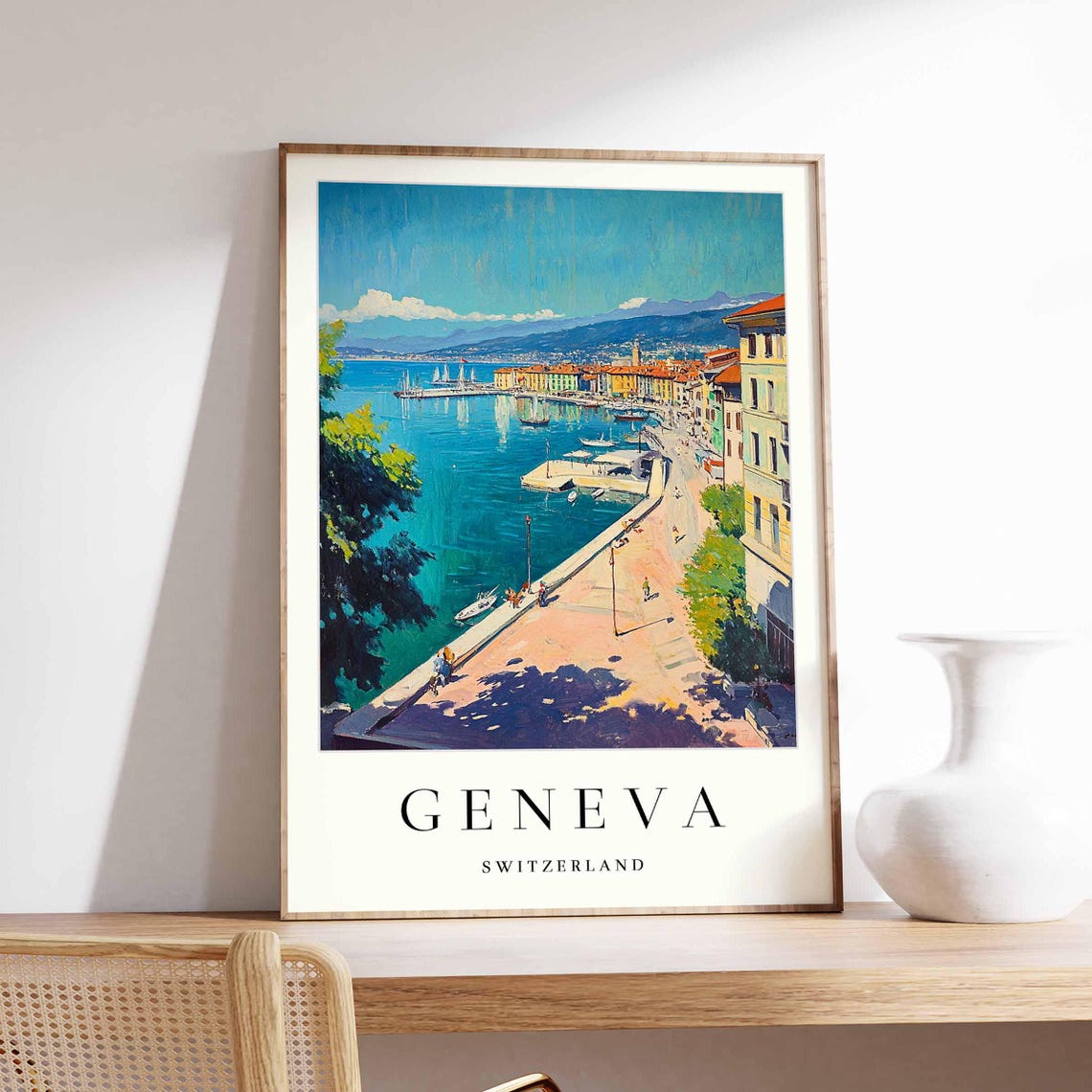 Geneva Switzerland Sunny Waterfront Pier Boat Promenade Travel Poster