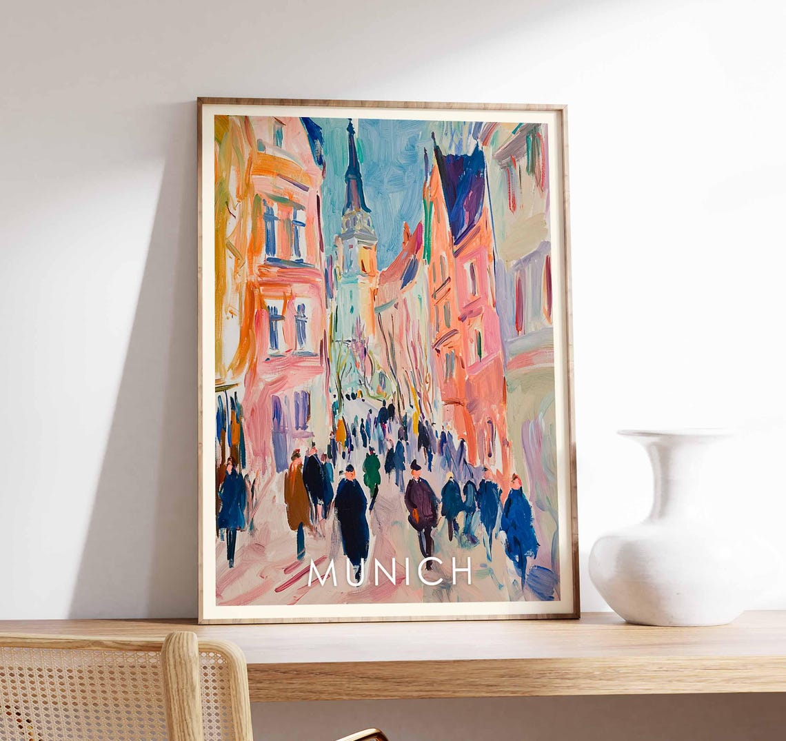 Munich Germany Crowded Street Bustling Impressionist City Art Poster