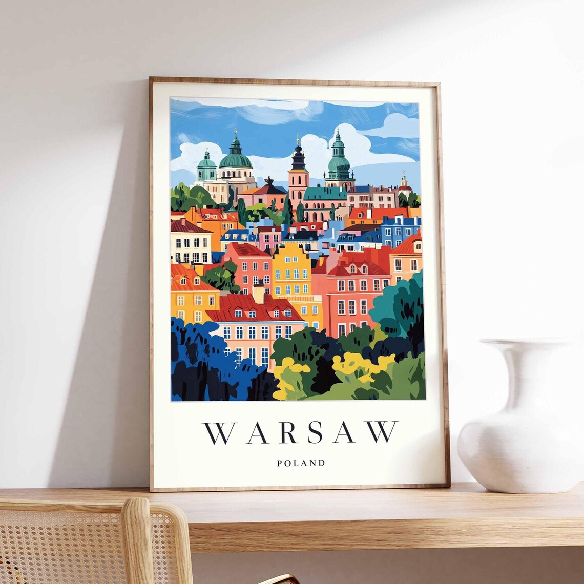 Warsaw Poland Old Town Skyline Church Domes Illustrated Travel Poster