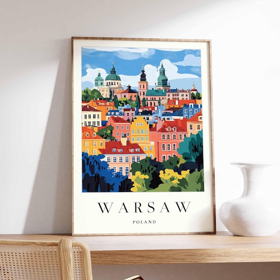 Warsaw Poland Old Town Skyline Church Domes Illustrated Travel Poster