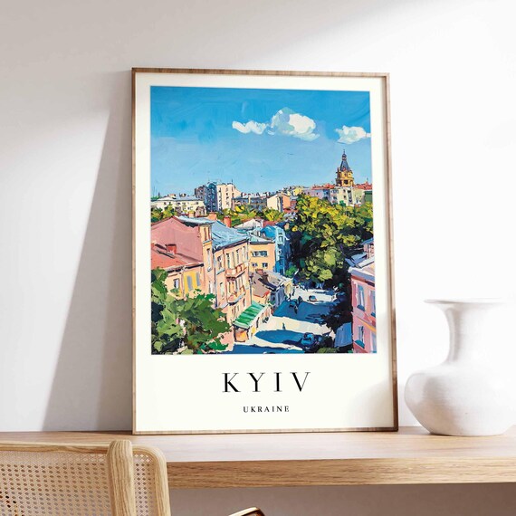 Kyiv Ukraine Historic Old Street Church Tower Blue Sky Travel Poster