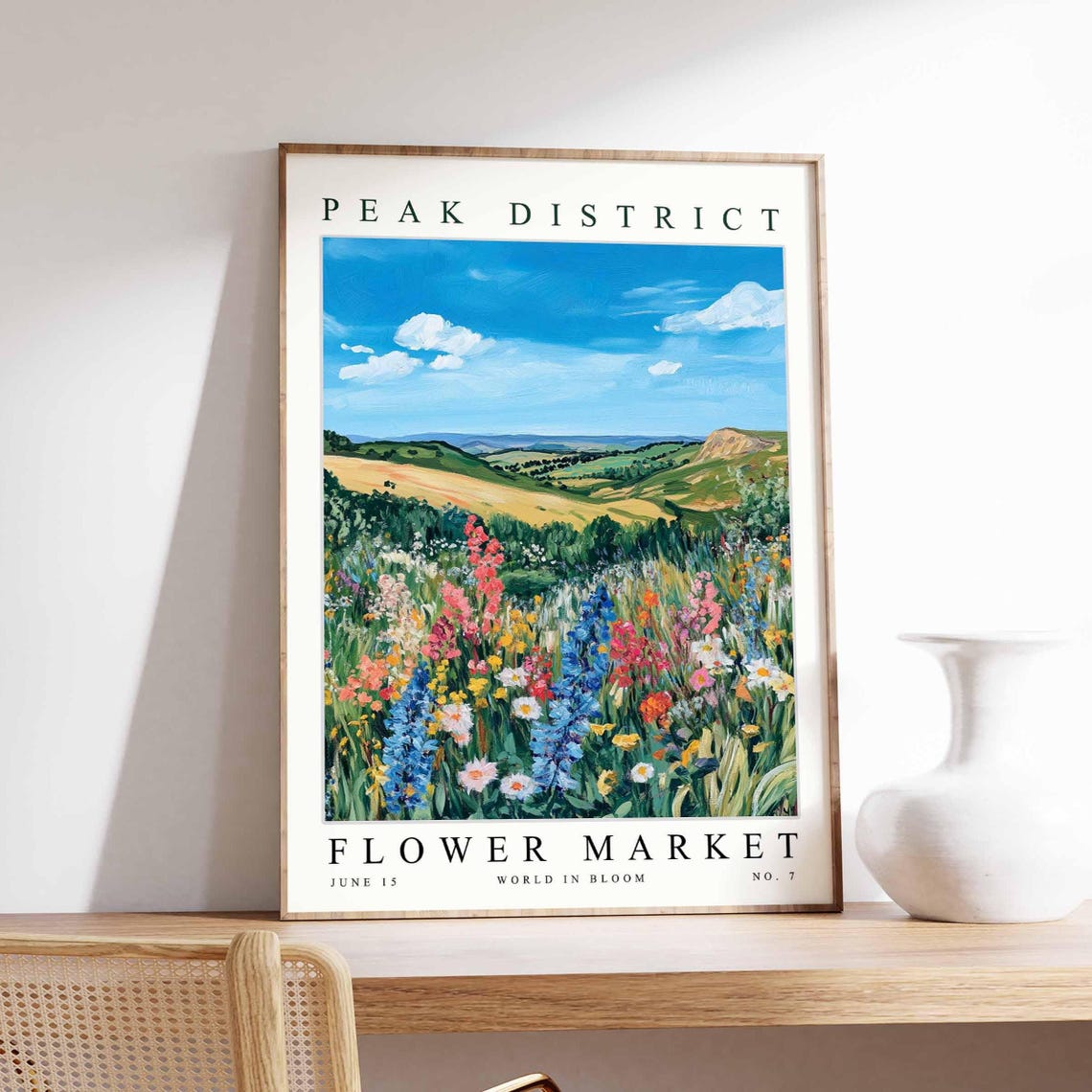 Peak District Golden Valley Fields Blue Delphinium Meadow Art Poster
