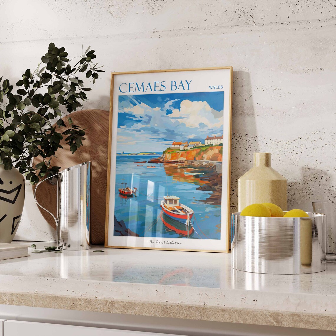 Cemaes Bay Wales Harbor Fishing Boats Cliffs Seaside Travel Poster - Image 3