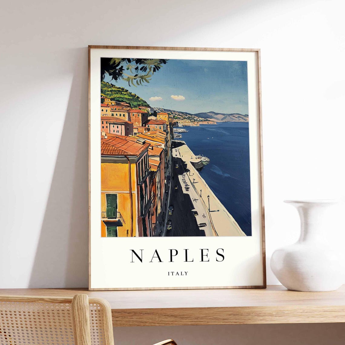 Naples Italy Sweeping Waterfront Promenade Beach Travel Poster