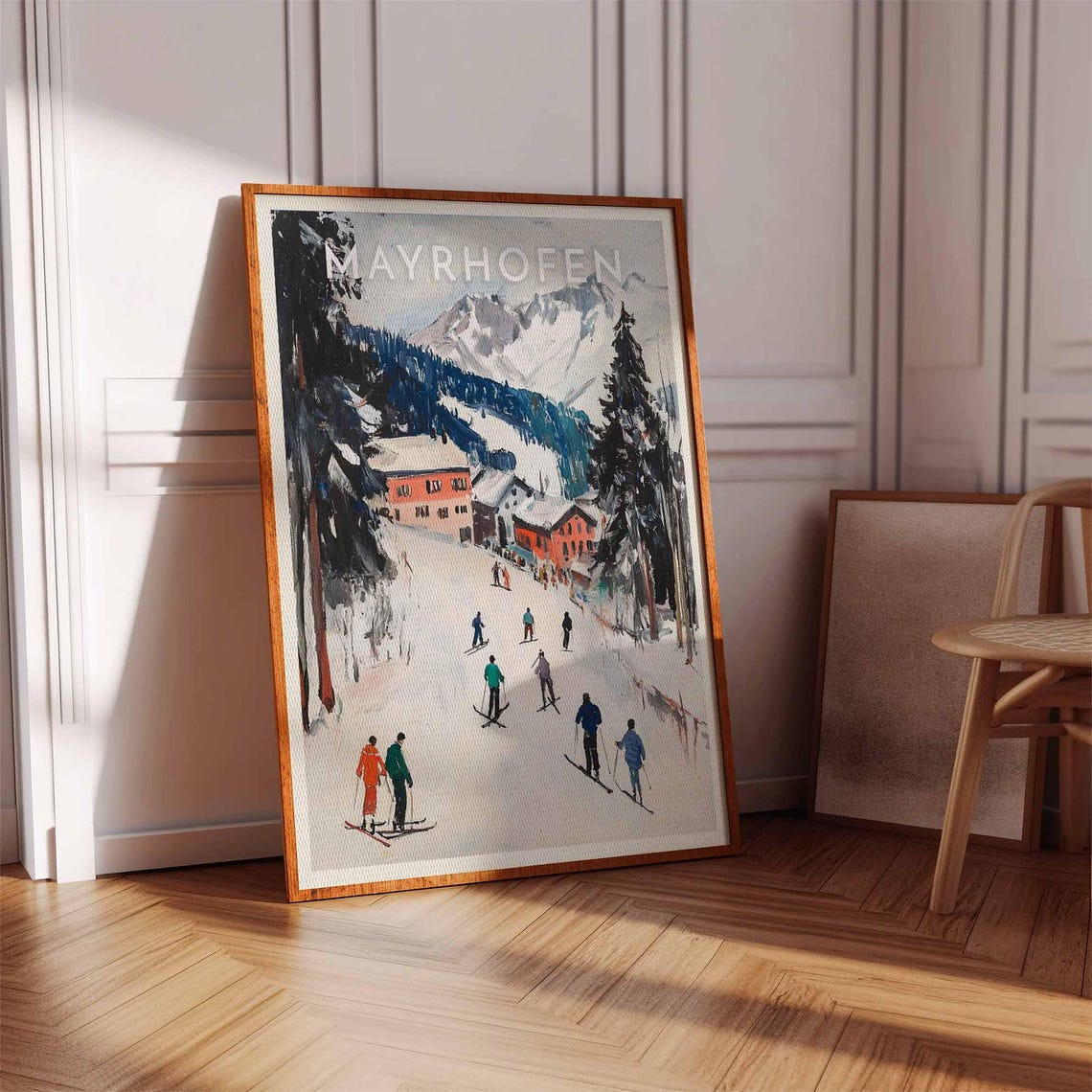 Mayrhofen Red Chalets Dark Firs Ski Run Village Scene Poster - Image 3