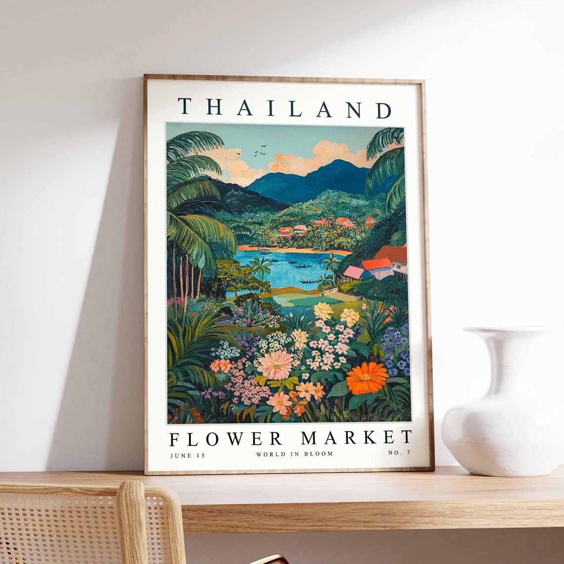 Thailand Flower Market Tropical Bay Boats Bright Floral Scene Poster