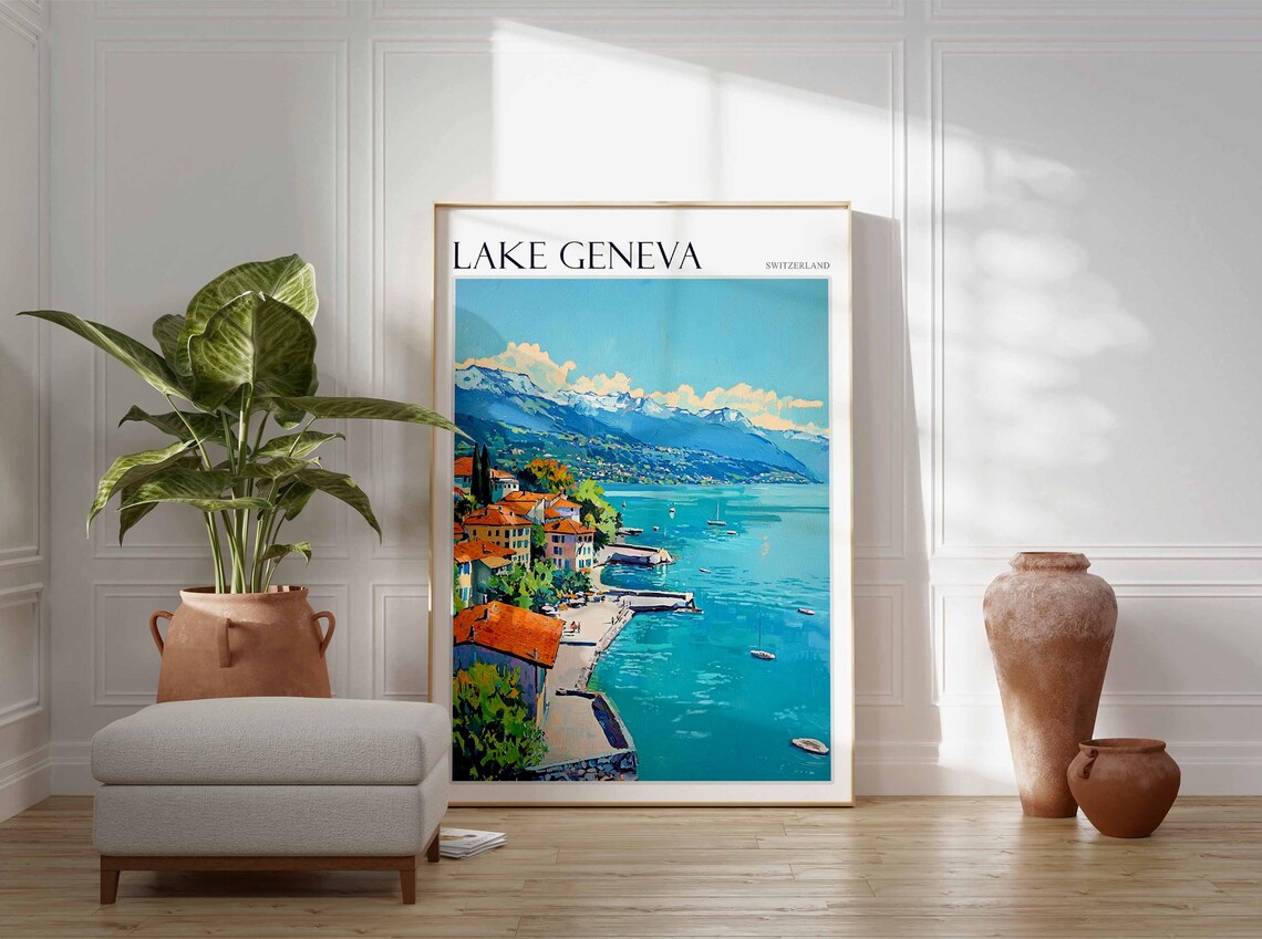 Lake Geneva Switzerland Hillside Village Snowy Peaks Panorama Poster - Image 2