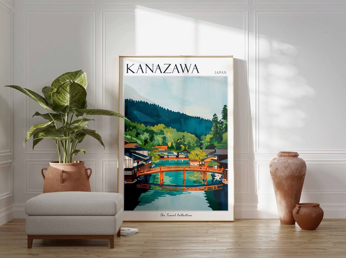 Kanazawa Japan Traditional Red Bridge River Vintage Travel Poster - Image 4