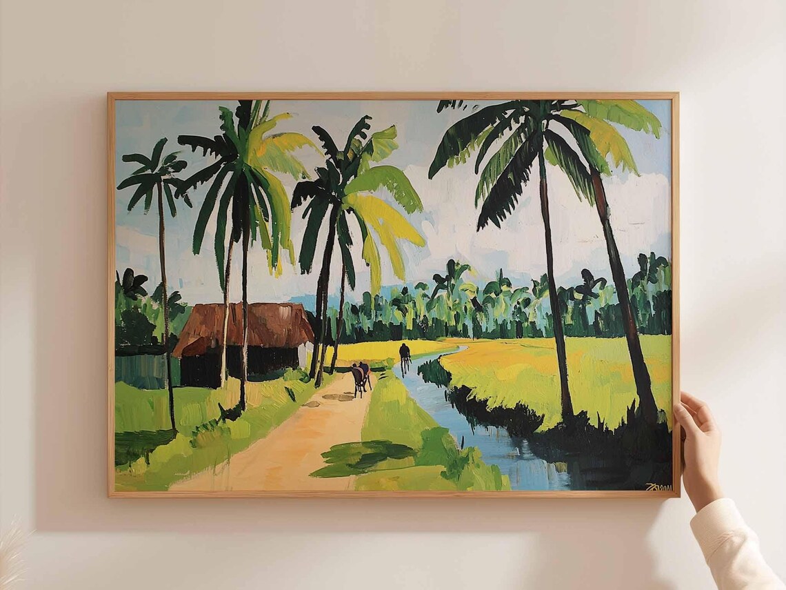 Bangladesh Palm Tree River Scene Poster with Cart Track and Hut