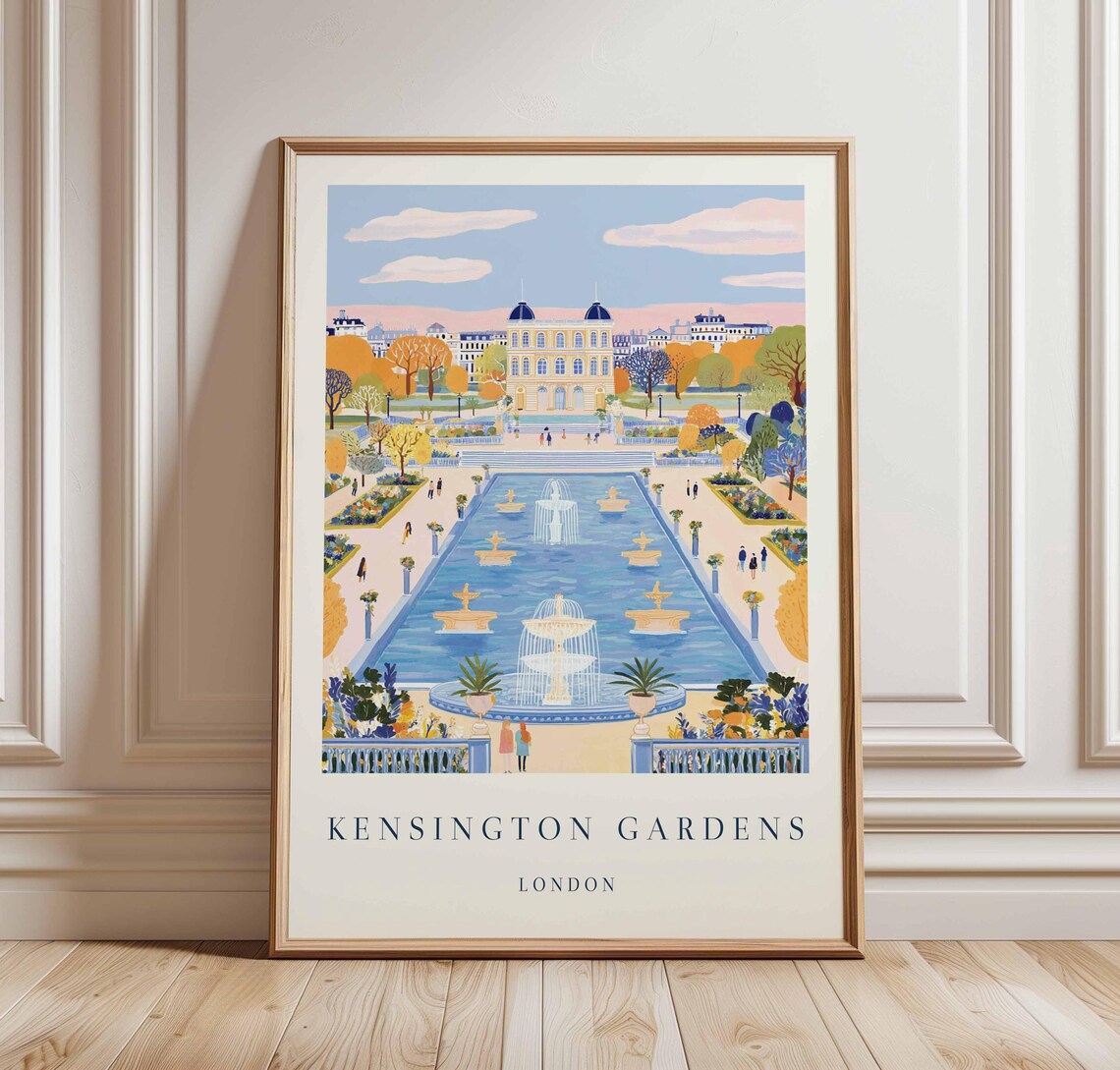Kensington Gardens London Fountain Pool Palace Illustrated Poster