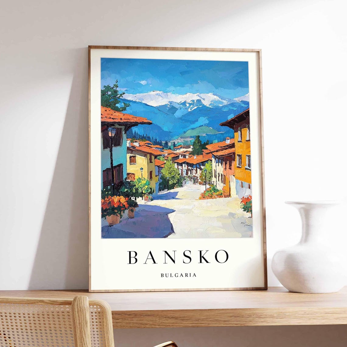 Bansko Bulgaria Mountain Town Street Snowy Peaks Travel Poster