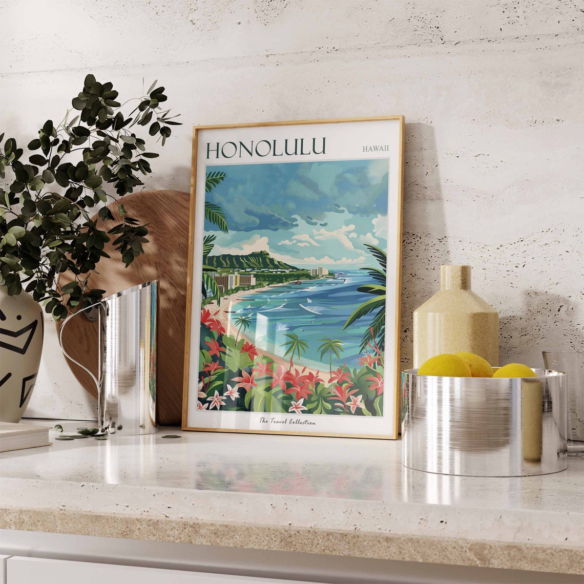 Honolulu Hawaii Diamond Head Waikiki Beach Tropical Flowers Poster - Image 2