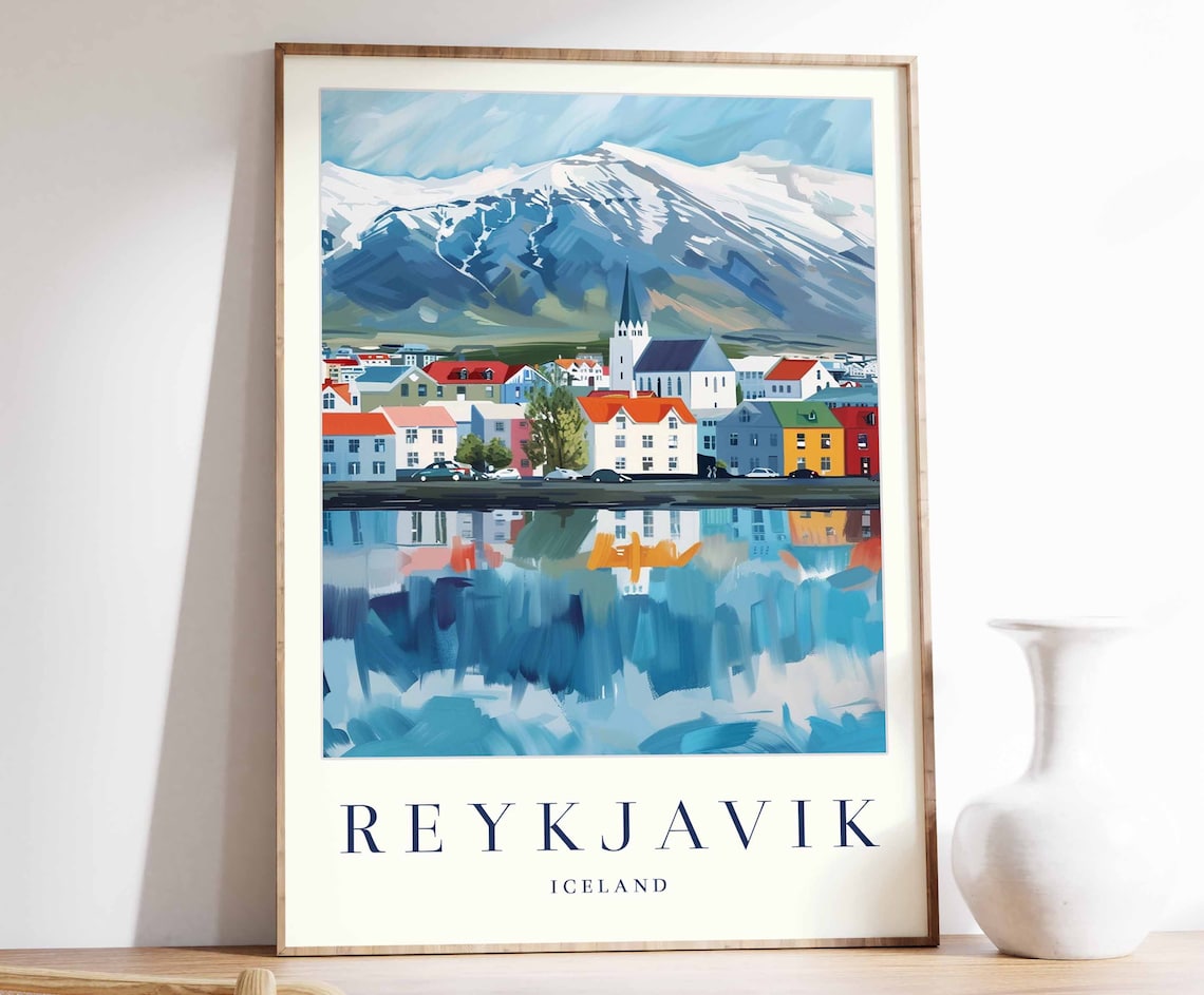 Reykjavik Iceland Waterfront Town With Mountains Travel Poster