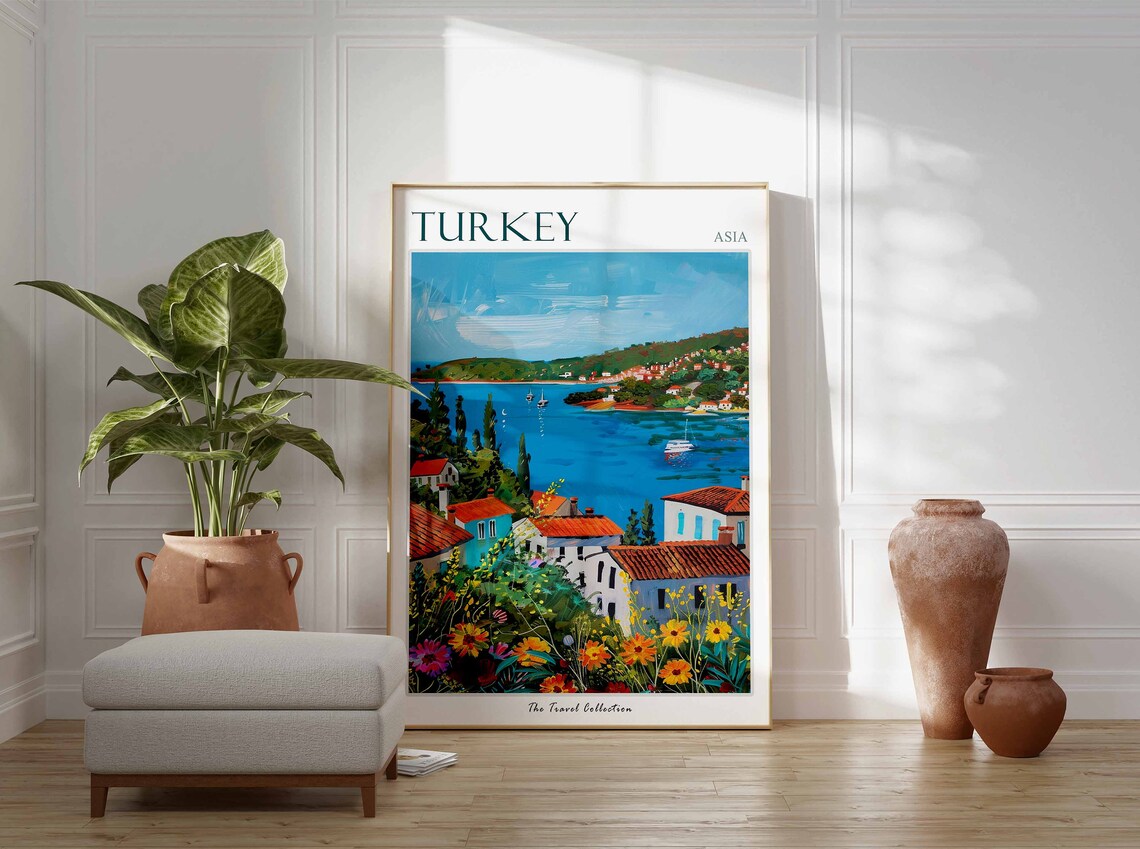 Turkey Asia Bay Whitewashed Houses Sailboats Wildflower Art Poster - Image 2