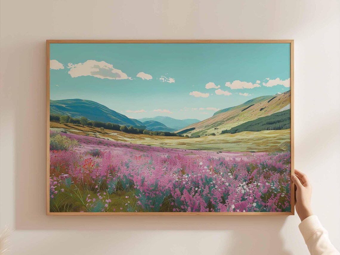 Cairngorms Heather Field Pink Blooms Green Hills Painting Poster