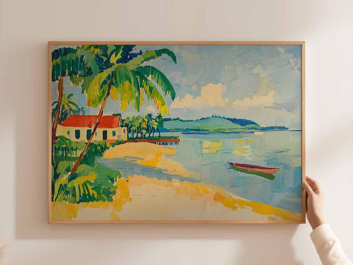 Cebu Tropical Bay Beach House Canoe Palm Tree Scenic Art Poster